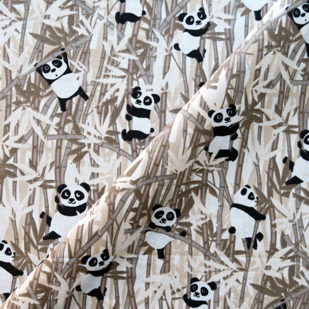 Tissu coton imprimé panda taupe